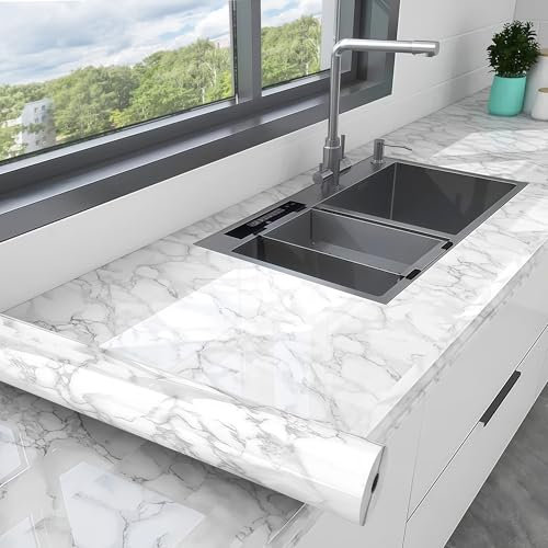 10m x 40cm Marble Vinyl Wrap, Waterproof Self-Adhesive Worktop Covering, Thick PVC Kitchen Counter Film with Marble Effect, Removable Worktop Vinyl for Tables, Cabinets