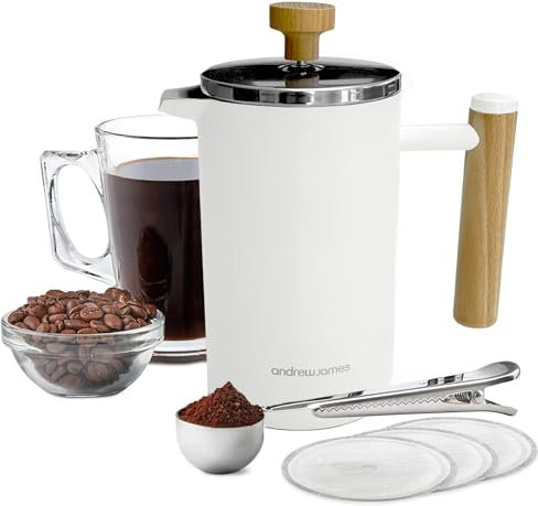 andrew james Double Walled Stainless Steel Cafetiere Gift Set With Coffee Measuring Spoon And Bag Sealing Clip | Delicious French Press Coffee | Easy to Clean (Ivory, 600ml)