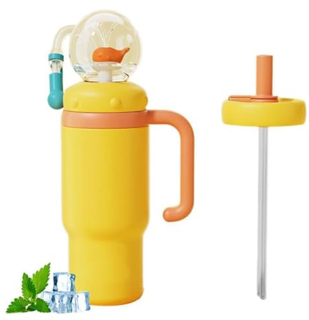 LUCKKY 24oz Whale Fountain Tumbler, Walbrunnenbecher aus Edelstahl mit Griff, Zwei Deckel mit lustigem Brunneneffekt, auslaufsicher, Trinkbecher mit Walspritzer für Kinder, Erwachsene (Gelb)