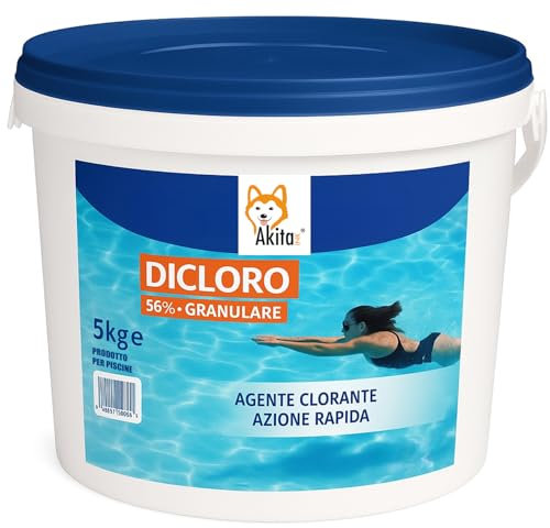 Akitaink Dicloro Granulare 5kg per Piscina | Cloro Stabilizzato Multiazione: Disinfettante, Alghicida, Flocculante per piscine - Made in Italy