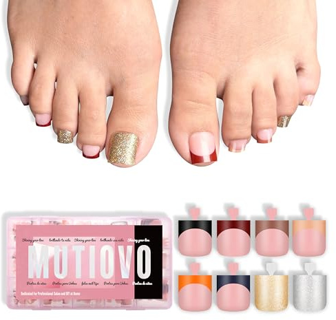 MUTIOVO 8 MIXED WINTER COLOR French Tip Toe Nail Tips Press on, BABY PINK Sharp Square Medium Wide Fake Toenails, Full Cover Acrylic,Builder Gel & Top Coat,Need Nail Glue,for DIY x 15 Sizes 240 pcs