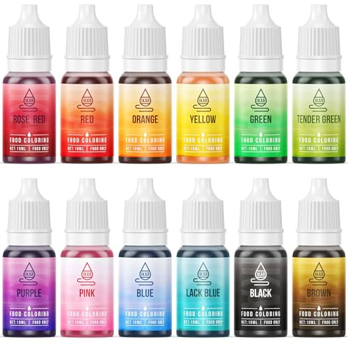 IKAR Lebensmittelfarbe Set, 12x10ml Flüssig & Hochkonzentriert, Backen | Flüssig, 12 Farben, mit Squeeze-Flasche, Speisefarbe für Fondant, Zuckerguss, Lebensmittelechte Zutaten, Vegan