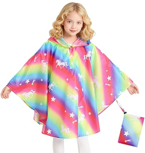 Keyck Mantellina Pioggia Bambini, Impermeabile Bambino Poncho Leggera Traspirante Giacca Bambina con Cappuccio, Riutilizzabile Ragazzi Ragazze Mantella Antipioggia 3-5 Anni, Cavallo Arcobaleno