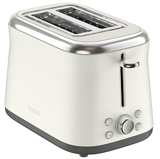 Tefal Collection Doppelschlitz-Toaster, breite Schlitze, 8 Bräunungsstufen | extra hoher Hebel, 4 Funktionen, abnehmbare Krümelschublade, Retro-Edelstahl-Optik, Weiß, TT720AE0