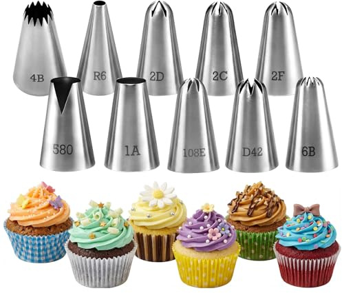10 PCS Large Piping Nozzles, HAVIRI Stainless Steel Large Piping Tips Icing Nozzles for Cupcake Cookie, Baking Decorating Tools for Flowers, Stars and Borders