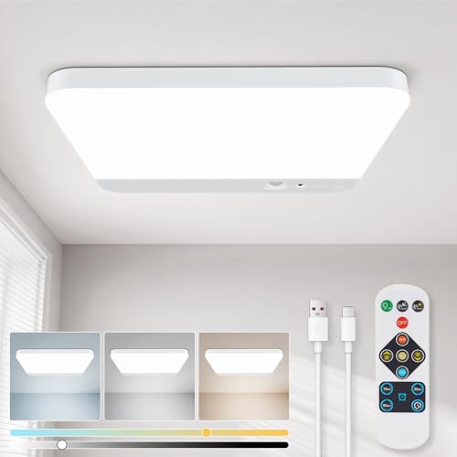 Rechargeable LED Ceiling Light Indoor - 6000mAh Battery Operated Bathroom Light with Remote 3 Colour Temperatures, Motion Sensor, Magnetic Mount, Wireless Ceiling Lamp for Garage Hallway Shed Stair