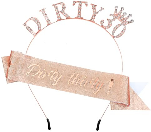 DOPENSPI Geburtstagskrone,Thinp Dirty Thirty 30 Roségold Geburtstags Krone Schärpe Kristall Tiara Happy Birthday -Zubehör Tiara Königinnenkrone für Frauen Mädchen Party