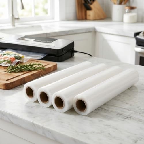 ideoon Vakuumierfolien Rollen 28x300cm Profi-Set – 4 Rollen Vakuumierschläuche für länger haltbare & frische Lebensmittel - Schutz vor Gefrierbrand