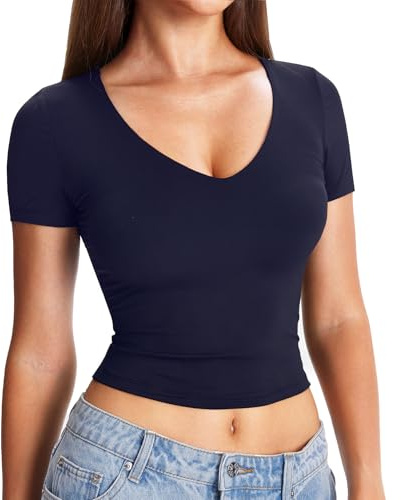 Navneet Women Crop Tops V Neck Cropped Tshirt | Short Sleeve Basic Tops, Sexy Going Out Top, Party Clubbing Tops, Tight Music Concert Tops, Rave Festival Outfits