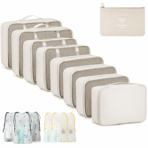 Koffer Organizer Set 15 Teilig Wasserdichte Packing Cubes Kleidertaschen | Reise Organizer Packwürfel Inklusive Wäschebeutel Schuhbeutel und Durchsichtige Taschen für Travel Essentials, Beige