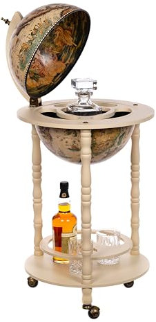 Carrello bar gigante 33001 W, con colonne in legno massello di eucalipto, bianco antico alto 100 cm con ruote, antico, bar di casa, tavolo da bar globo