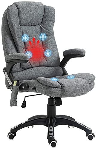 HOMCOM Fauteuil de Bureau massant et Chauffant Fauteuil Bureau Confortable Hauteur réglable Dossier inclinable Toile de Lin Gris chiné