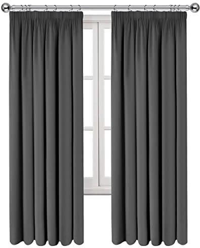 Imperial Rooms Blackout Curtains for Living Room - Pencil Pleat Grey Bedroom Curtains 90x90 Drop Window Treatments Super Soft Thermal Black Out Curtain Pair Panels with Tie Backs (228cm x 228cm)