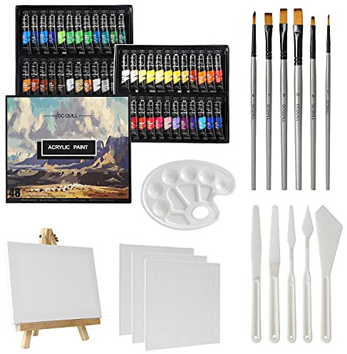 GC QUILL 48 Farben Acrylfarben Set 12 ml x 48 Tuben mit 6 Pinseln, Palettenmessern, leinwand zum bemalen, Staffelei, für Künstlerfarben auf Holz, Keramik, Stoff, Basteln GC-APK48