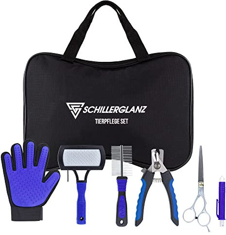 Tierpflegeset 7-teilig, Schillerglanz Sparset Krallenschere Fellbürste Tierfellschere Zeckenzange Filzbürste Fell Handschuh Hunde Katzen Kleintiere
