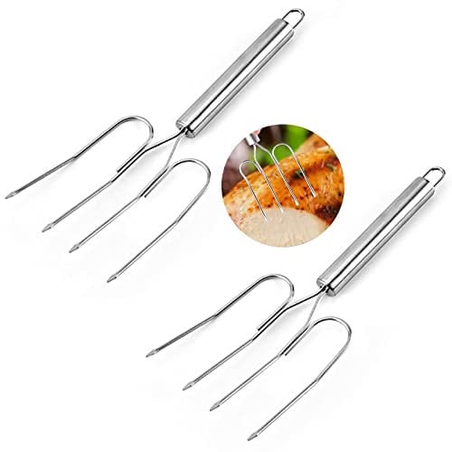 Poultry Lifting Forks Professional Poultry Fork Carving Forks Kebab Grill Grill Skewers Stainless Steel Kebab Skewers Barbecue Forks Four Needle Meat Fork Metal Handle for Turkey, Steak, Hot Dog 2 PCS
