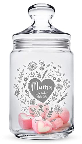Bonbonglas mit Gravur für Mama, Vorratsglas für Süßigkeiten mit Blumenherz, Muttertagsgeschenk, Candy Bar Glasbehälter mit Deckel, Vintage Aufbewahrungsglas für die Küche, Geschenk für Frauen