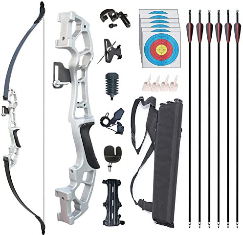 Monleap Archery Recurve Bogen und Pfeile Set für Erwachsene Metall Riser 55 Longbow Kit Rechtshänder gerader Bogen für Anfänger Outdoor Jagd Schießübungen (Silber 40lb)