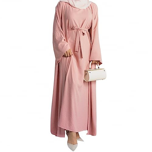 khalat 2PCS Damen Muslimische Kleider Abaya Islamische Dubai Gebetskleid Robe Lange Strickjacke Maxikleid, Pink, X-Large
