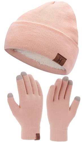 Bequemer Laden Herren Damen Winter Warm Beanie Mütze Touchscreen Handschuhe Set, Thermo Wintermütze Strickmütze Winterhandschuhe mit Fleece Gefüttert, Rosa