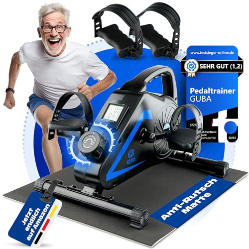 GUBA - 2 in1 Pedaltrainer [TESTSIEGER] mit Anti-Rutsch-Matte und Widerstandsbänder | Beintrainer für Zuhause [extra Handpedale und Befestigungsgurt] | Heimtrainer Fahrrad für Senioren | Mini Bike