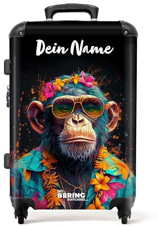 NoBoringSuitcases.com Reisekoffer Personalisiert, Koffer Groß, Hartschalenkoffer Groß, Koffer Mittel, TSA Schloss, Reisekoffer, Koffer M, Koffer Mittelgroß (Schimpanse - Blau, 67 cm - 72 L)