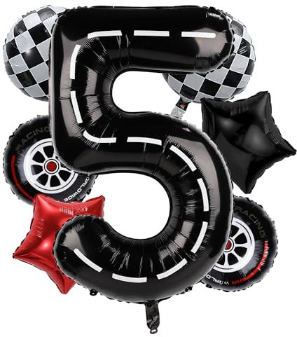 Rennauto-Geburtstagsballons, 102cm Große Rennstrecken-Zahlenballons mit Sternfolie & Reifen & Kariertem Ballon Auto-Geburtstagspartydekoration Zubehör für Jungen Mädchen (Nummer 5)