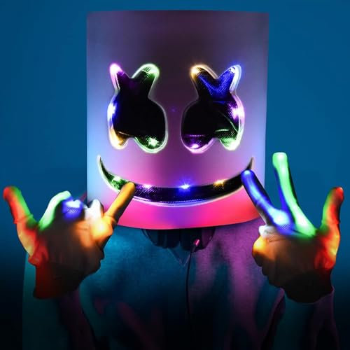IEEILULU LED Marshmallow Man Maske, DJ LED Maske, LED Maske mit 3 Blitzmodi, Leuchten Marshmallow Maske mit LED Handschuhe für Kinder Erwachsene Karneval Halloween Party Cosplay Dress up