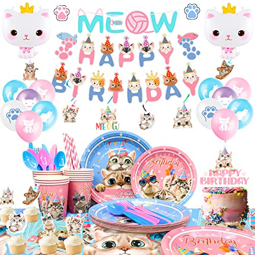 Decoracion Cumpleaños Gatitos para 16 Invitados, Suministros para Fiesta Cumpleaños Gatitos, Vajilla para Gatitos - Platos Tazas Manteles Globos Banner para Fiestas Temáticas de Gatos para Niños