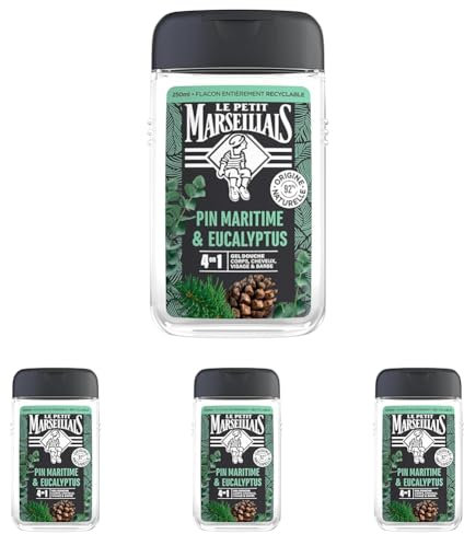 Le Petit Marseillais - Gel Douche Homme Pin Maritime & Eucalyptus (flacon de 250 ml) – Formule 4 en 1 corps, cheveux, visage & barbe – 92% d'ingrédients d'origine naturelle et pH neutre (Lot de 4)