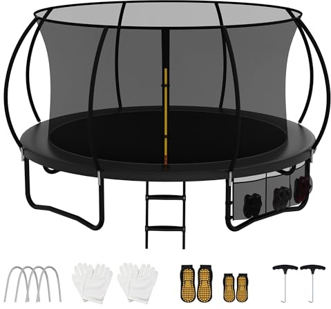 AWEV Outdoor Trampoline 7.5ft/10ft/12ft/14ft, Gs Certified Round Trampoline | Safety Enclosure Net, Non-Slip Ladder & Shoes Organiser, Family Time, Exercise & Gaming for Kids & Adults in Graden or Indoor