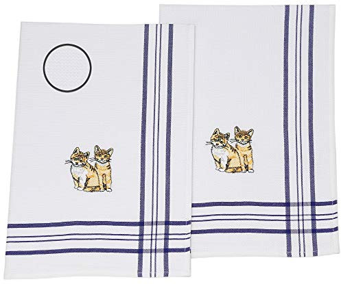 Betz 2er Set Geschirrtücher Geschirrhandtuch Küchenhandtuch Gläsertücher Handtuch Waffelpiqué blau Bestickt Motiv Kätzchen Größe: 50 x 70 cm
