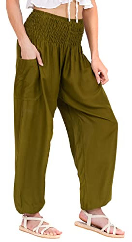 Lofbaz Damen Haremshose Yogahose Pumphose Hippie Hose Boho Kleidung Festival Outfit Sommerhose Leicht Sommer Hosen - Solid 1 Dunkelgrün M