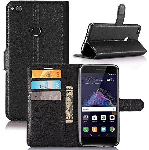 COMPATIBILE Custodia HUAWEI P8 LITE (2017) PRA-LX1 / P9 LITE (2017) 5.2 COVER STAND FLIP LIBRO GEL silicone tpu protezione magnetica PORTAFOGLIO eco pelle porta carte (nero)