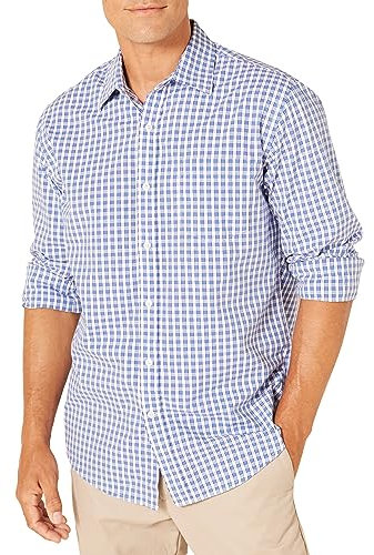 Amazon Essentials Men's Regular-Fit Long-Sleeve Casual Poplin Shirt, Blue Checks, S