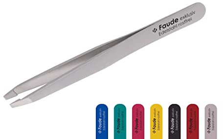 Faude Profi Pinzette zum Augenbrauen zupfen auch für feine Härchen und eingewachsene Haare, schräg, komplett Edelstahl oder mit Silk Touch Beschichtung(farbig) (EDELSTAHL)