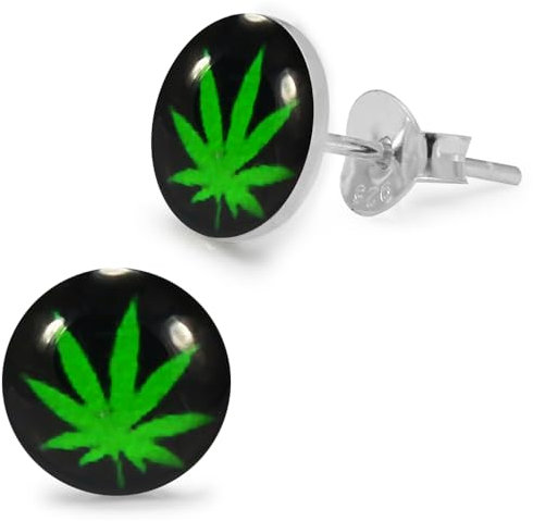 Monster Piercing Marihuanablatt auf schwarzem Hintergrund Logo Bild 925 Sterling Silber Ohrstecker