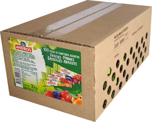 ANDROS - 100 sticks individuels de confiture assortie - fraise, abricot, prune, groseille- sticks de 20 gr