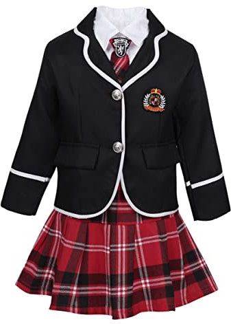 FEESHOW Mädchen Schuluniform Japan Anime Kostüm Set Anzug Jacke Mini karierter Rock mit/ohne Hemd Krawatte Kinder Chor Party Schule Cosplay Outfit Schwarz 140-152