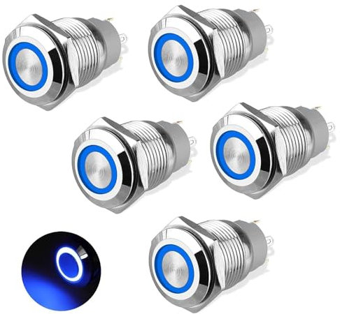 Linkstyle 16mm Interruttore Pulsante Scatto, Metallo Impermeabile SPST ON/off Interruttori Illuminati per 12V/24V Auto Marine RV, 5Pcs