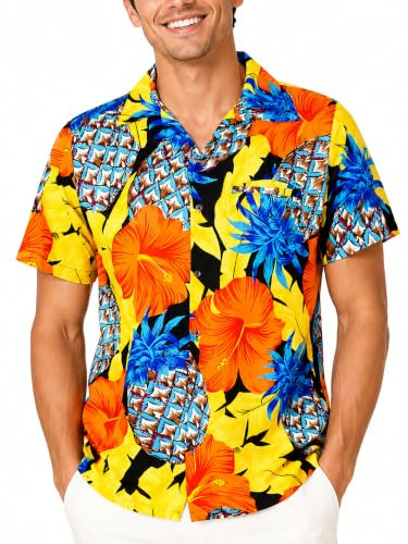 King Kameha Funky Hawaii-Hemd, Herren, Kurzarm, Pineapple-Hibiscus, Schwarz-Gelb, M