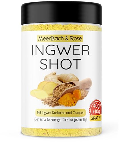 MeerBach & Rose Fruchtig scharfer Ingwer Shot mit Vitamin C und Zink, veganer Ingwer und Kurkuma Shot zum Anrühren von 60 Shots, von Hand in Deutschland abgefüllt, Pulver