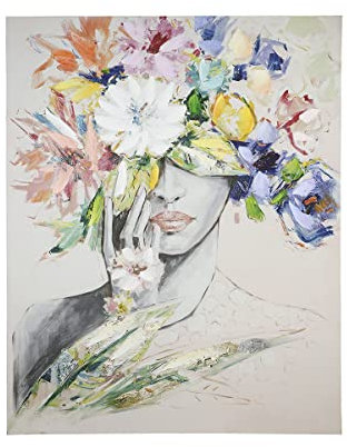 GILDE Bild Frau mit Blumenhut(LxBxH) 3 x 80 x 100 cm creme, grau, bunte Blumen, auf Leinwand