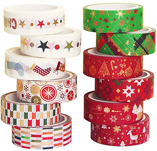 YUBBAEX Washi Tape Set Natale Tape decorative colorati Masking Tape Set per decoratori fai da te scrapbooking adesivo scuola materiale per feste Incartare Regali 15 mm (Golden X'Mas 12 rotoli)