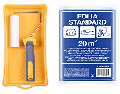 HARDY WORKING TOOLS Maler Set, Farbrolle, Farbwanne, Schutzfolie und Farbwalzen aus Schaumstoff, Florhöhe 7mm, Länge 11cm, Durchmesse 35mm, gelb-weiß-grau, A0180-118000