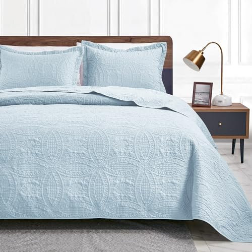 Love's cabin Tagesdecke 240x260 Spa Blau, Weiche Bett Quilt Leichte Mikrofaser Tagesdecken Bettüberwurf 240x260, Moderne Bedspread mit Münzmuster für alle Jahreszeiten