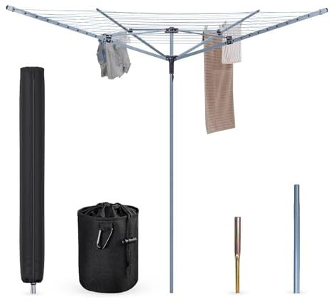 BLADO Rotary Washing Line 4 Arm 50M Washing Line Rotary with Peg Bag, Rotary Clothes Lines for Outside, Whirlygig Clothes Airer Outdoor Comes with Cover & Metal Ground Spike (50M)
