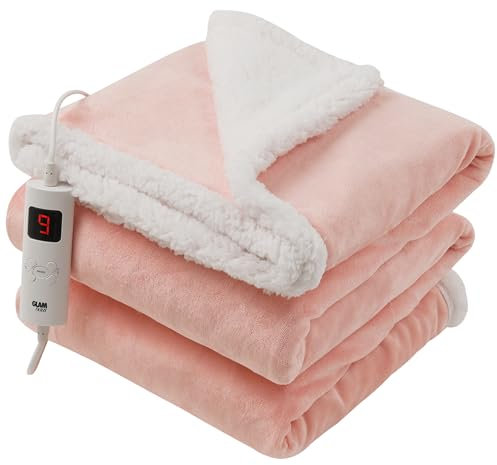 GlamHaus Heated Throw Electric Light Pink Fleece Over Blanket Sofa Bed Large 160 X 130cm - 6 Heat and 3 Timer Auto Shut Off - Soft Reversible - Digital Control - Machine Washable (Light Pink)