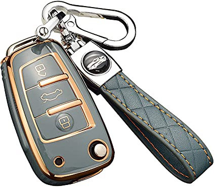 ontto Klapp Autoschlüssel Hülle Cover Passt für Audi A1 A3 S3 A4 S4 RS4 A6 S6 RS6 Q3 Q5 Q7 TT TTS R8 Zubehör TPU Schlüsselbox Schlüsselhülle Schlüsselanhänger Schlüssel Schutz Etui 3 Tasten-Grau