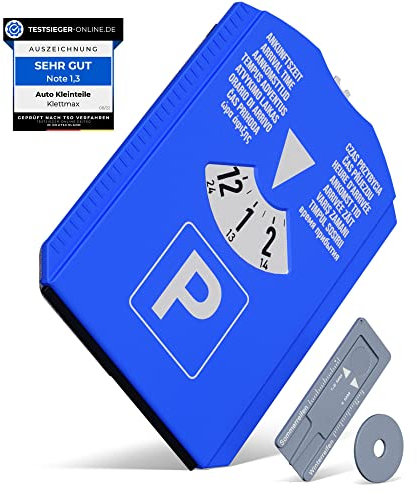 Klettmax® Parkscheibe mit Eiskratzer für Auto und LKW | Parkuhr mit Reifenprofilmesser und Einkaufswagenchip | Parkscheiben | Parking Disc | Parkkarte in 18 Sprachen